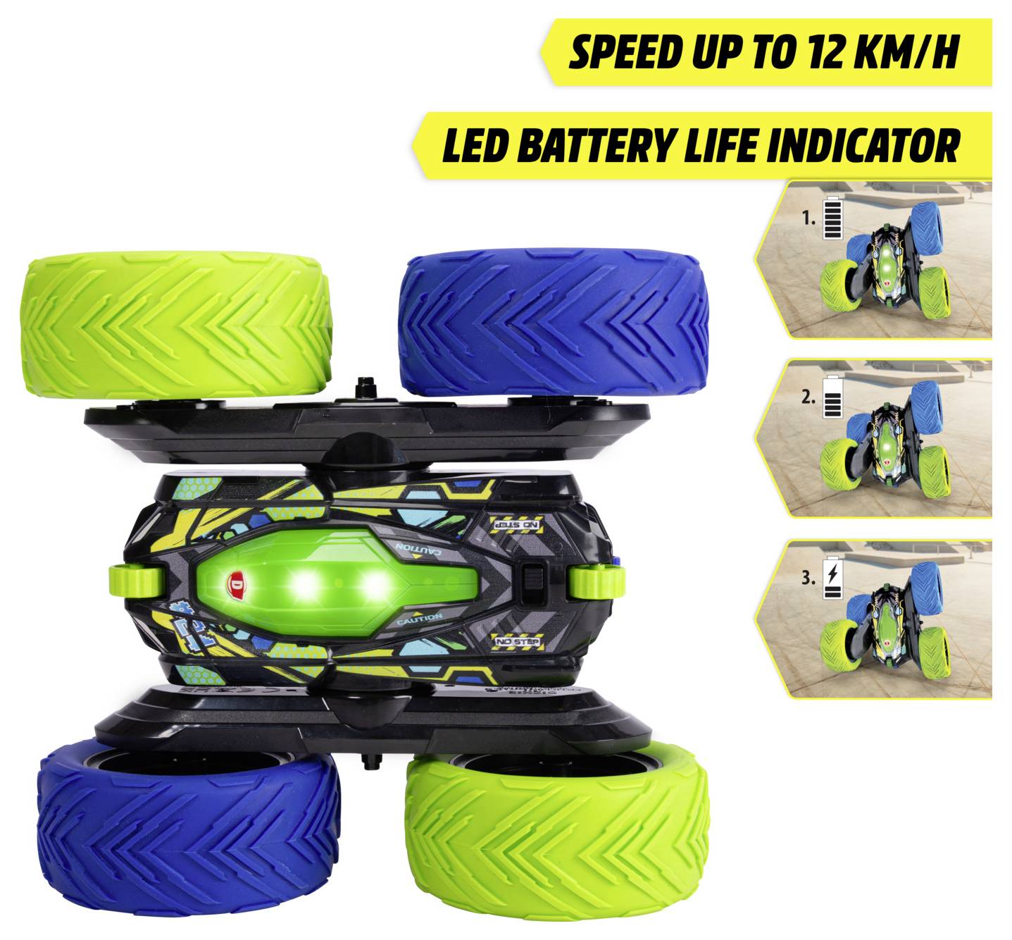 Zielony i czarny samochód zdalnie sterowany z lampkami LED jest pokazany przewrócony do góry kołami, podkreślając jego prędkość i funkcję żywotności baterii LED. Posiada neonowozielone i niebieskie opony.