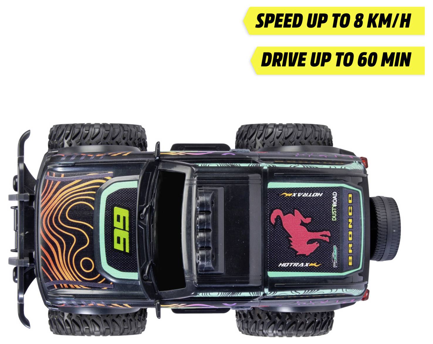 Kolorowy samochodzik zabawkowy z wyrazistą grafiką widziany z góry. Tekst głosi: 'Prędkość do 8 km/h' oraz 'Czas jazdy do 60 min'.