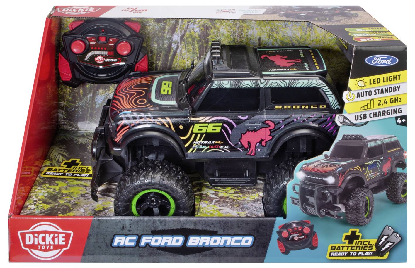Zestaw zabawkowy RC Ford Bronco w pudełku ze zdalnym sterowaniem, diodami LED, sterowaniem 2,4 GHz i ładowaniem przez USB. Posiada kolorowy design i naklejkę z numerem '66'.