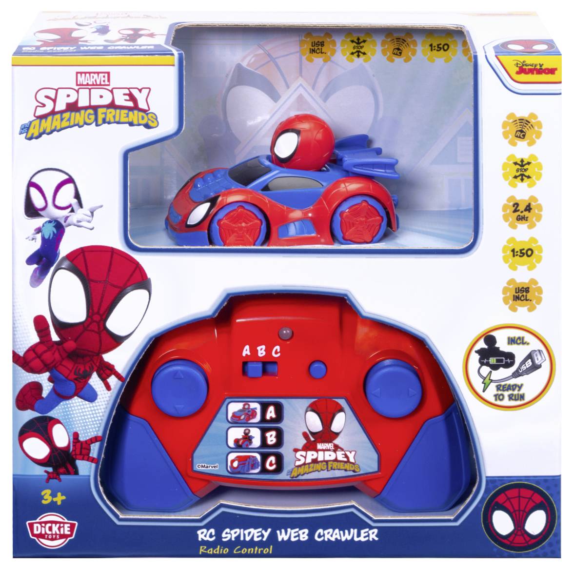 Zabawka RC Spidey Web Crawler zapakowana w pudełko z motywem Marvel Spidey i Przyjaciele. Posiada pilot zdalnego sterowania, odpowiednia dla dzieci od 3 lat.