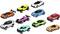 Kolekcja dziesięciu kolorowych samochodów zabawkowych, każdy z niepowtarzalnymi wzorami i żywymi kolorami, takimi jak pomarańczowy, różowy, żółty i zielony, ułożonych na białym tle.