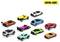 Kolekcja dziesięciu kolorowych samochodów zabawkowych, każdy zaprojektowany w sposób wyjątkowy, w różnych żywych kolorach, takich jak pomarańczowy, różowy, niebieski i zielony.