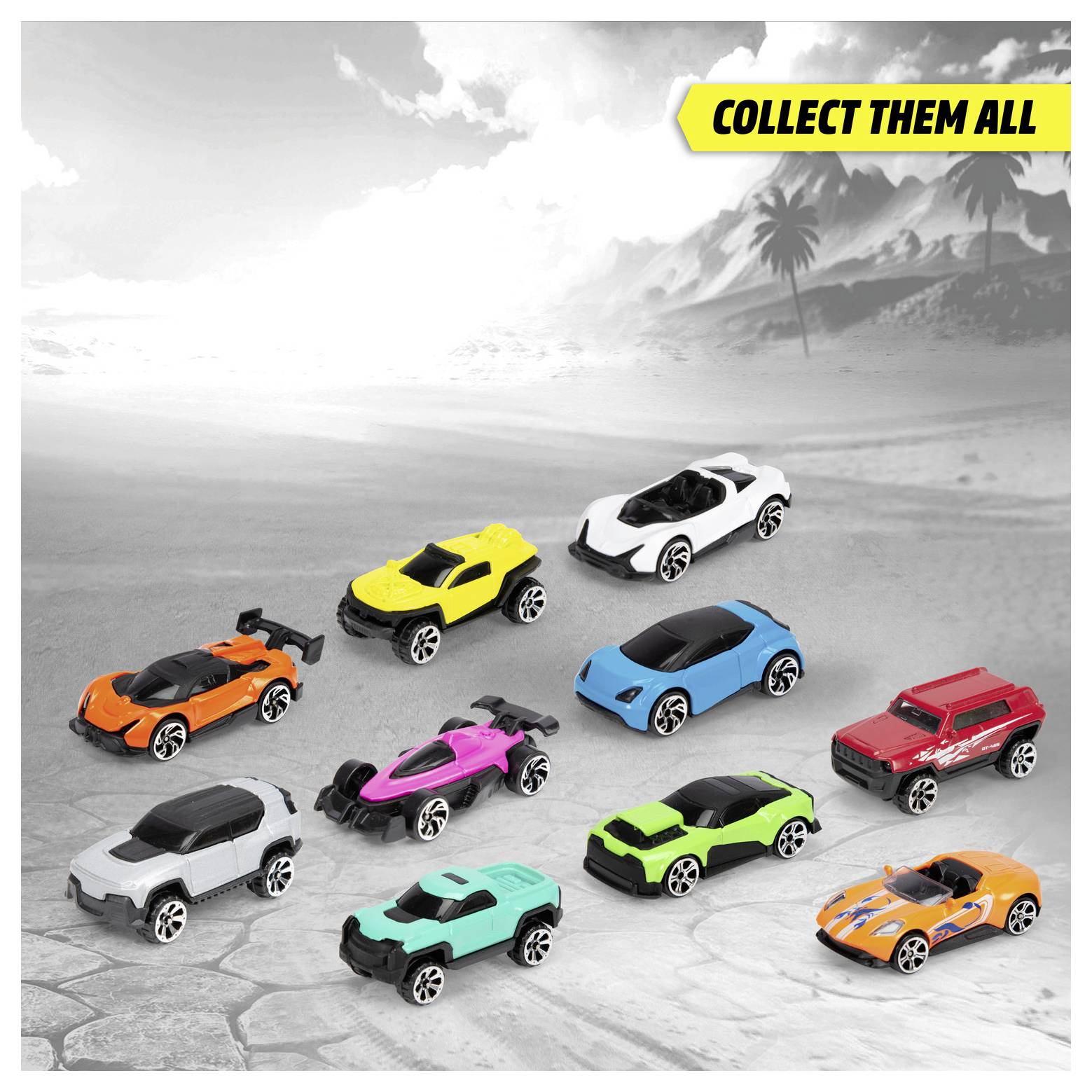 Dziewięć kolorowych samochodów zabawkowych, różne modele, wyłożonych na szarej powierzchni. W tle widok plaży z napisem „Kolekcjonuj Je Wszystkie" w prawym górnym rogu.