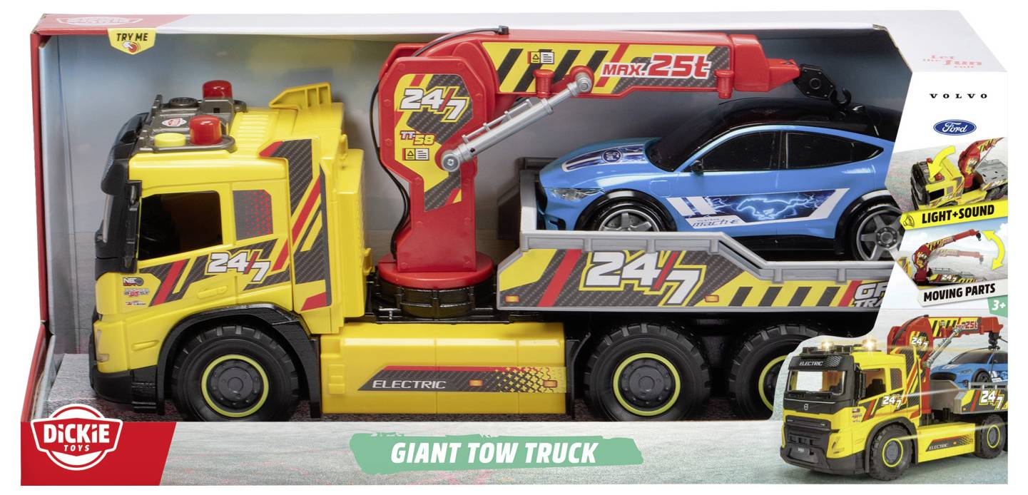 Opakowanie zabawki 'Gigantyczny Holownik' przedstawiające żółty holownik z czerwono-żółtym żurawiem trzymającym niebieski samochód sportowy, oznaczone napisem '24/7'.