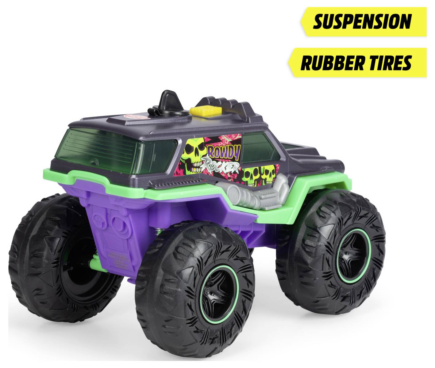 Zabawkowy monster truck z dużymi, solidnymi oponami, zielono-fioletowym nadwoziem i naklejką 'Rowdy Rocker'. Wyposażony w zawieszenie i gumowe opony.