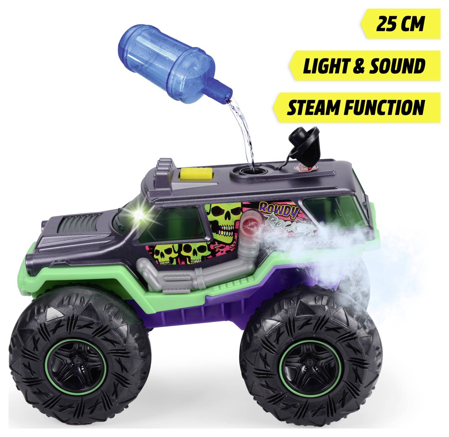 Zabawkowy monster truck z dużymi kołami, wzorem czaszki, funkcją wytwarzania pary oraz efektami świetlnymi i dźwiękowymi. Wysokość: 25 cm.