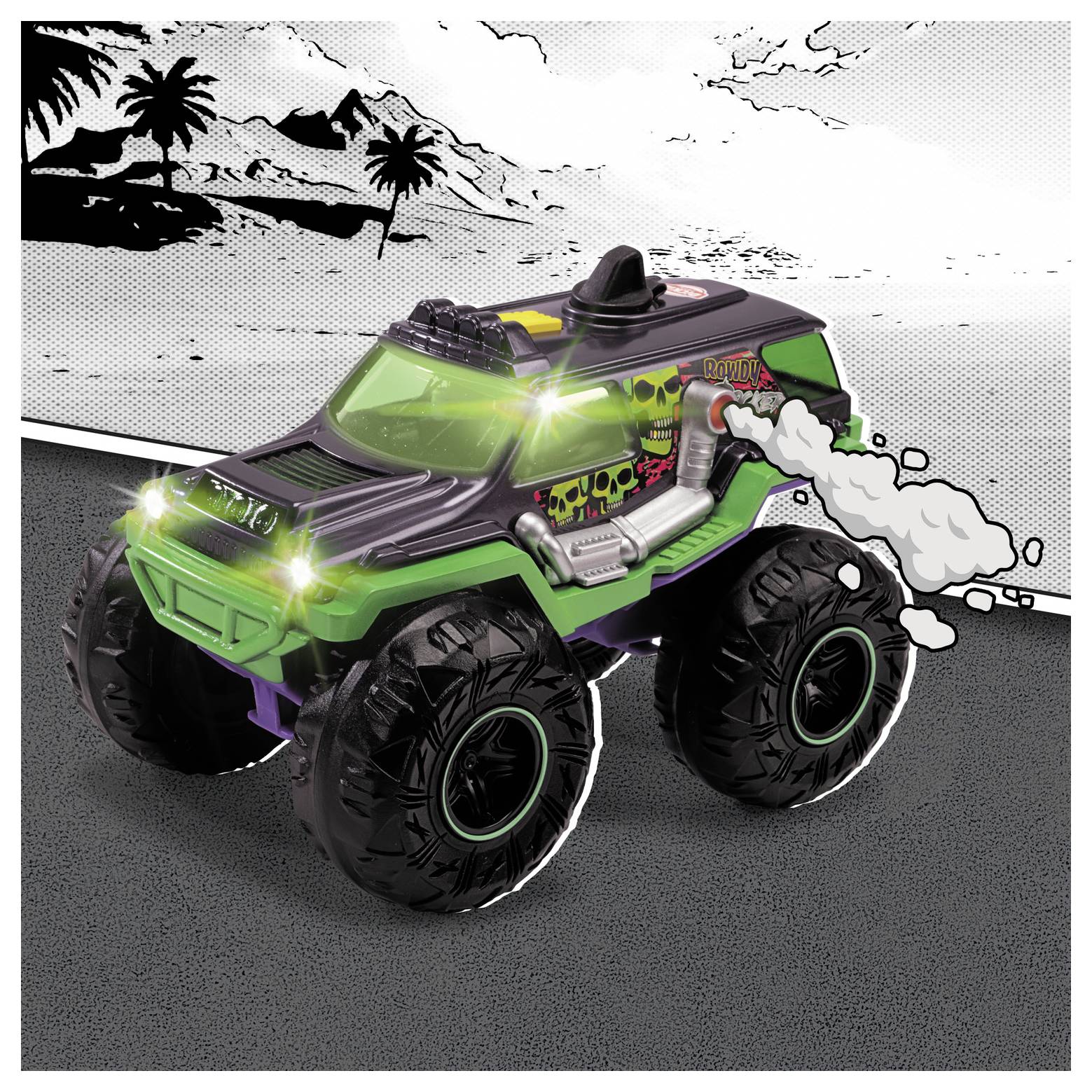 Zabawkowa monster truck z dużymi kołami i projektem czaszki, która wydziela dym, na czarno-białym tropikalnym tle w stylu komiksu.