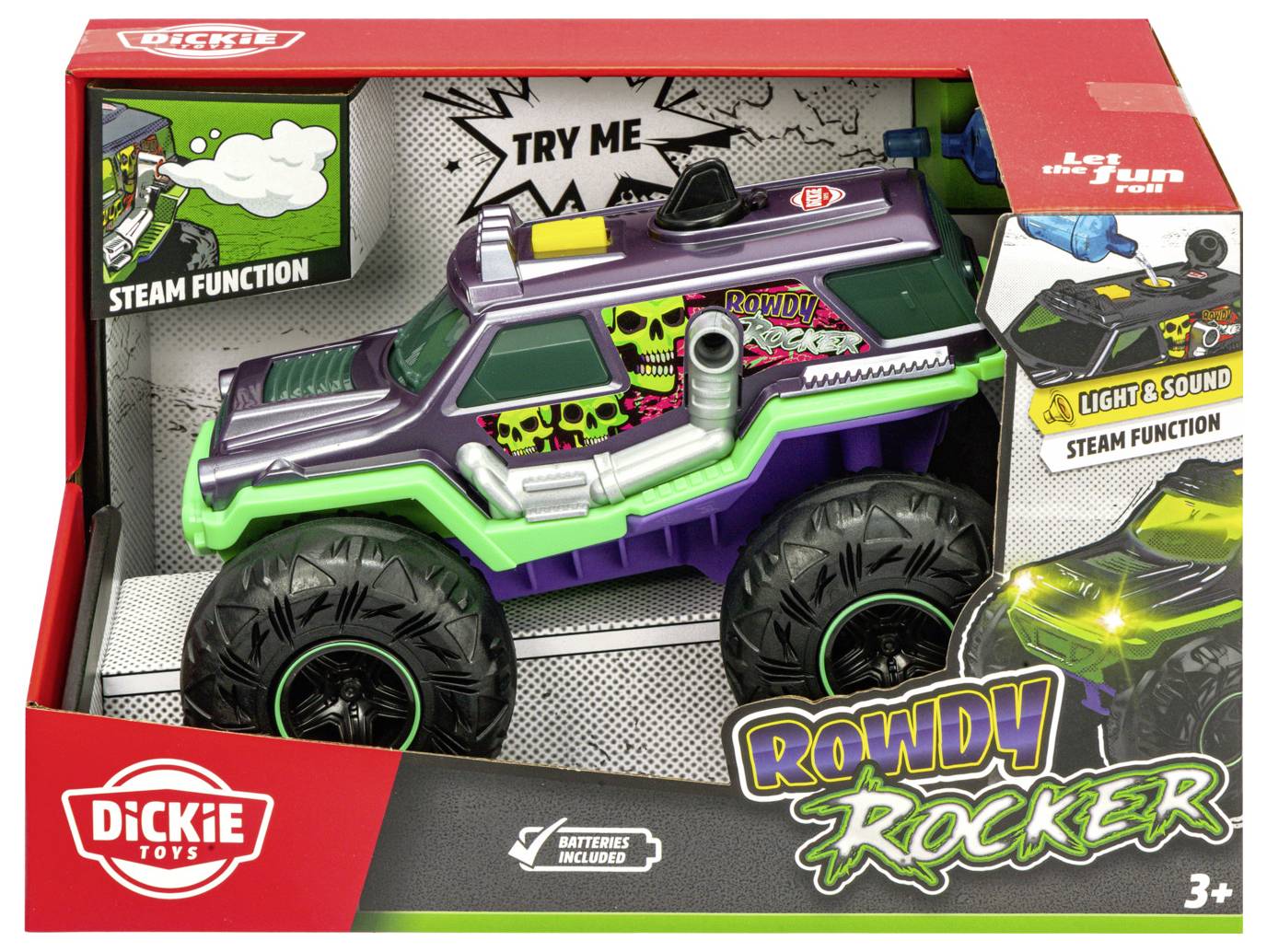 Duży zabawkowy monster truck w pudełku w zielono-fioletowym designie, oznaczony etykietą 'Rowdy Rocker'. Funkcje obejmują światło, dźwięk i funkcję pary.