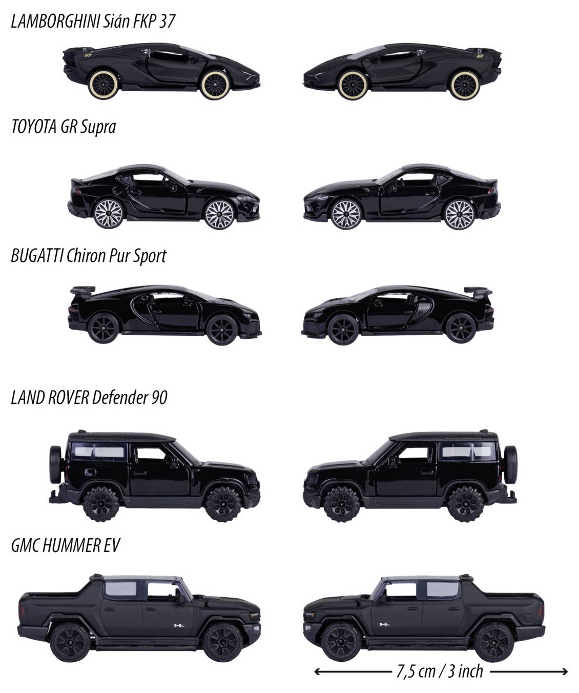 Ilustracja przedstawiająca widoki z boku pięciu czarnych modeli samochodów: Lamborghini Sián, Toyota Supra, Bugatti Chiron, Land Rover Defender oraz GMC Hummer EV.