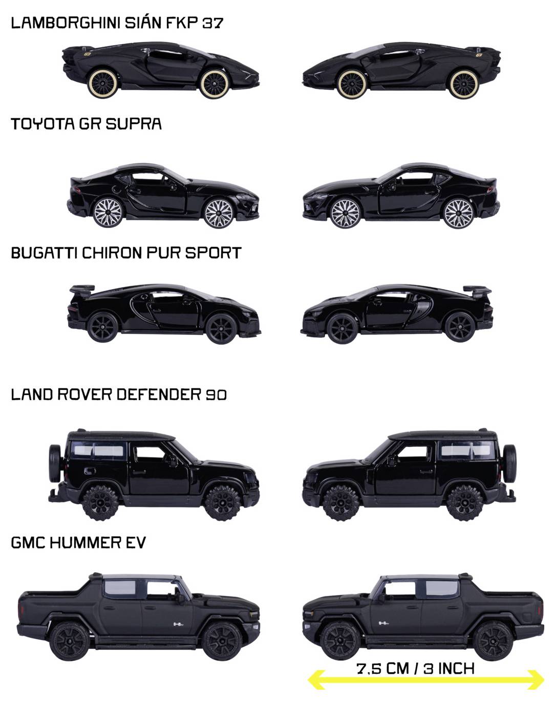 Pięć modeli samochodów zabawkowych: Lamborghini, Toyota, Bugatti, Land Rover, GMC, każdy pokazany z boku. Żółta strzałka wskazuje długość 7,5 cm/3 cale.