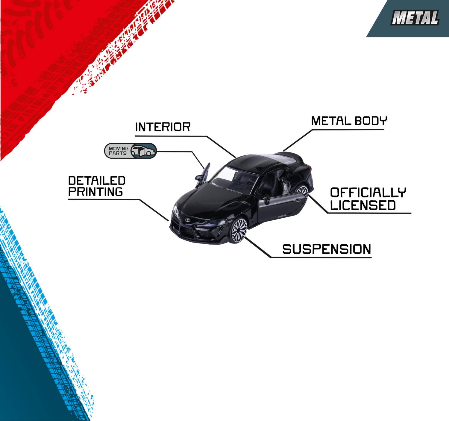 Czarny samochodzik zabawkowy z oznaczonymi elementami: 'Metalowa Karoseria', 'Wnętrze', 'Zawieszenie', 'Szczegółowe Zdobienie', 'Oficjalnie Licencjonowany'.