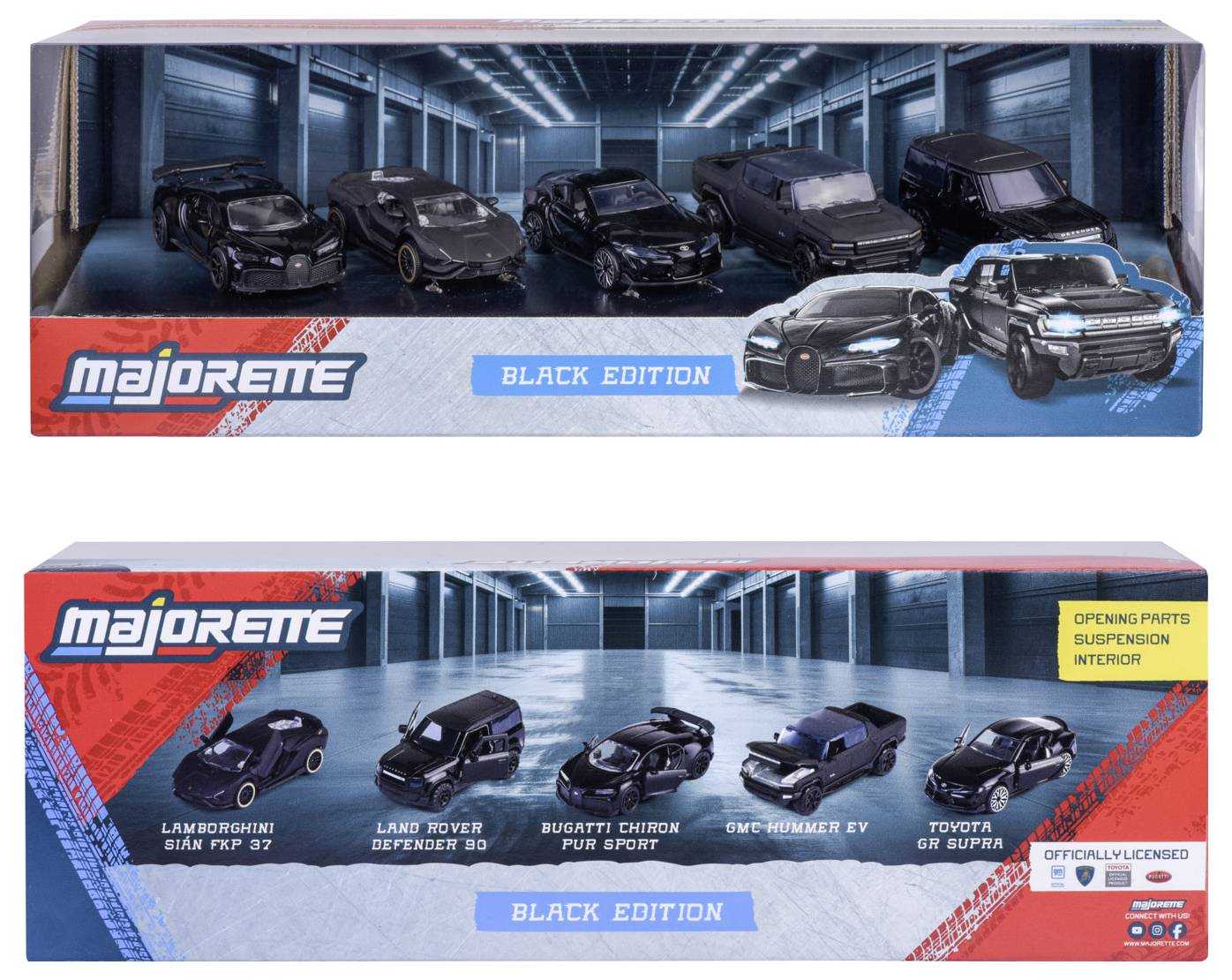 Dwa zestawy samochodów Majorette: jeden z samochodami w czarnej edycji, w tym Lamborghini, Land Rover, Bugatti, GMC Hummer i Toyota.