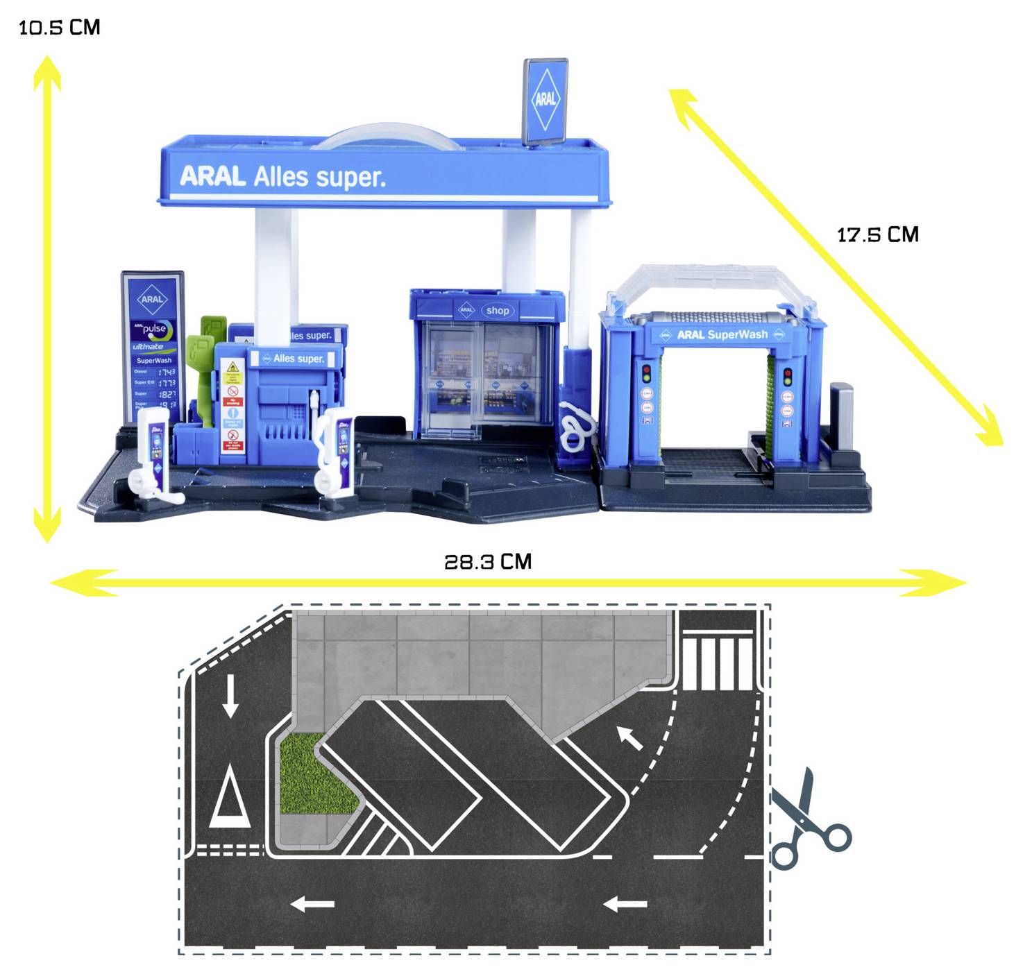 Niebieski model stacji benzynowej z pompami, sklepem i myjnią samochodową. Wymiary: 10,5 cm wysokości, 28,3 cm szerokości, 17,5 cm głębokości.