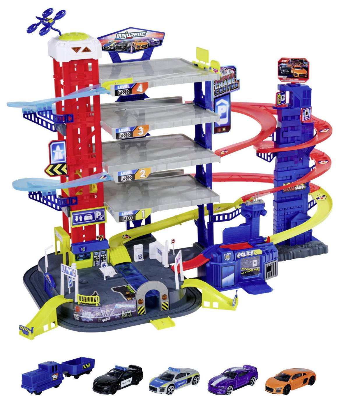 Wielopoziomowy parking dla samochodów zabawek z rampami, windami i strefami parkingowymi. Zawiera pięć zabawkowych samochodów w różnych kolorach u podstawy.