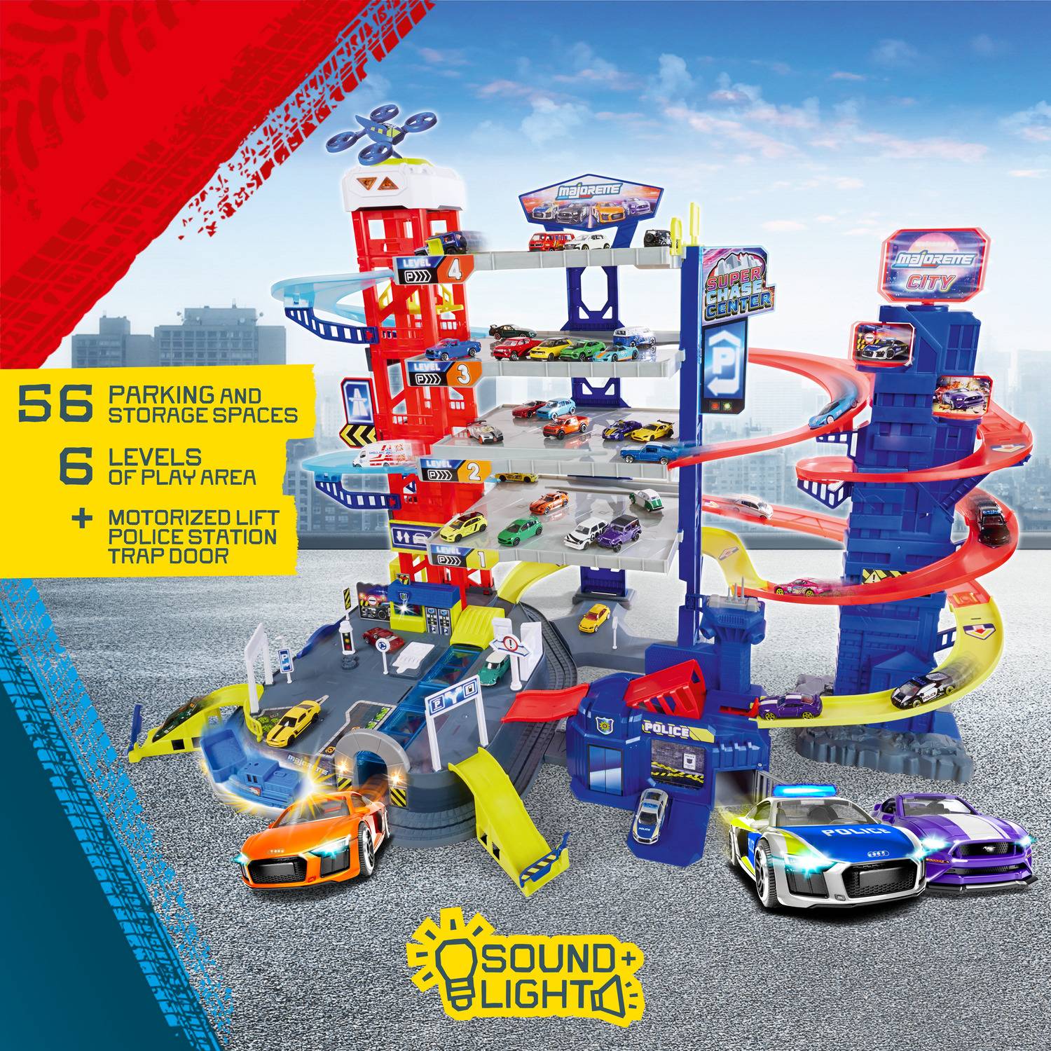 Zestaw zabawkowy 'Turbo City' z 56 miejscami parkingowymi, 6 poziomami, zmotoryzowaną windą, komisariatem policji, samochodami i żywą kolorystyką do kreatywnej zabawy.
