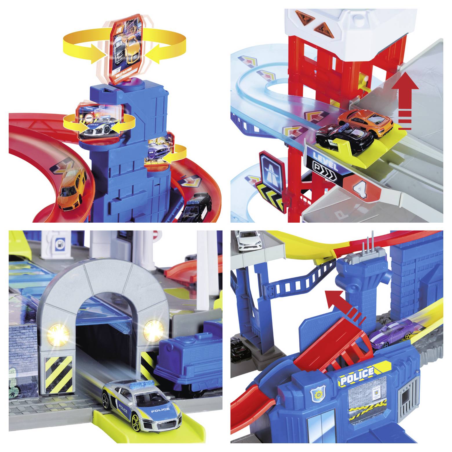 Zestaw toru wyścigowego z wieloma poziomami, zjazdami, pętlami i samochodami. Wyposażony w samochód policyjny, samochody wyścigowe oraz różne rampy do zabawy.