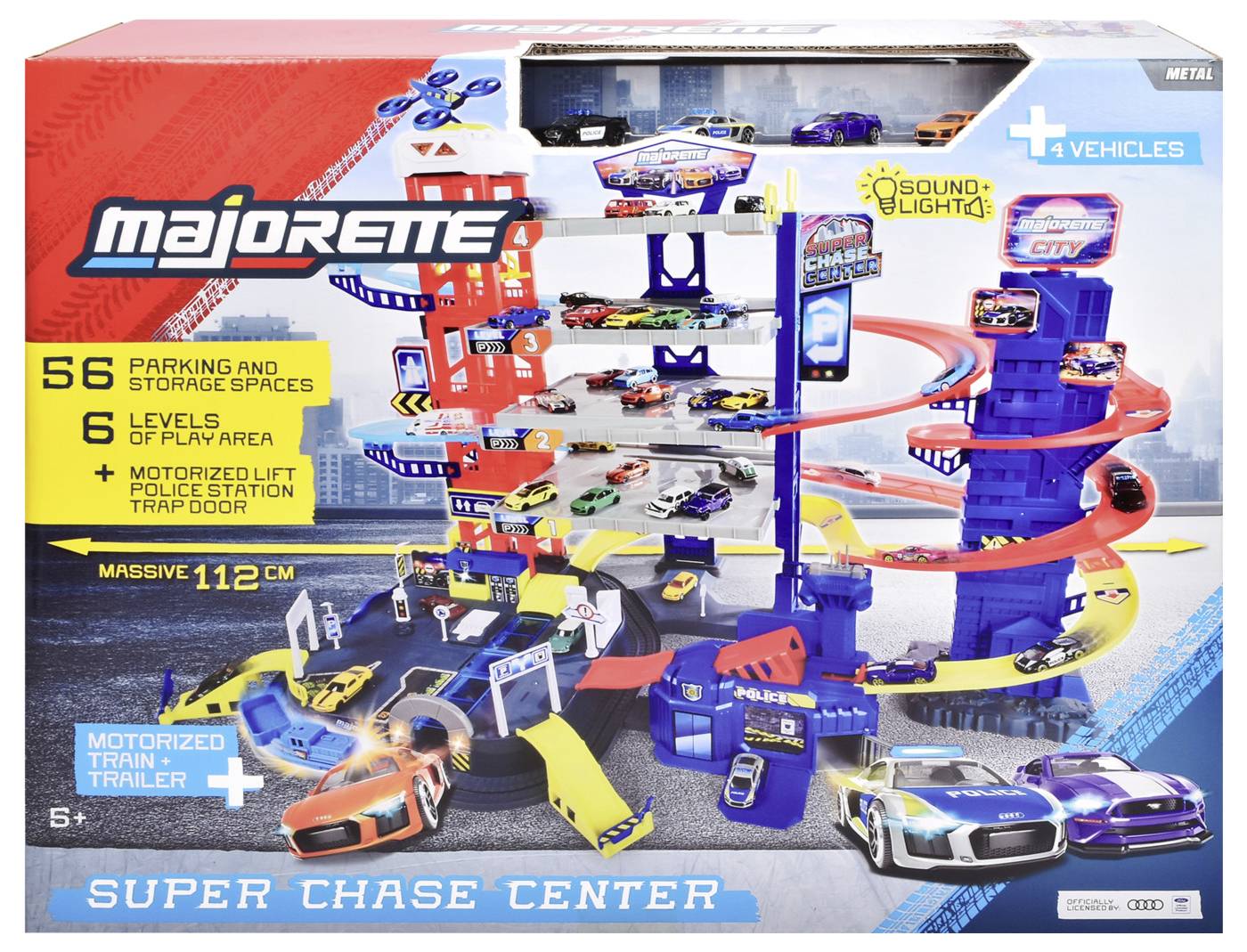 Zestaw zabawkowy 'Majorette Super Chase Center' z pojazdami, parkingiem, miejscami postojowymi, poziomami do zabawy, zmotoryzowaną windą, światłami i dźwiękami.