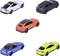 Pięć samochodów zabawkowych w różnych kolorach — białym, szarym, pomarańczowym, niebieskim i żółtym — ułożonych w półkole na jednolitym tle.