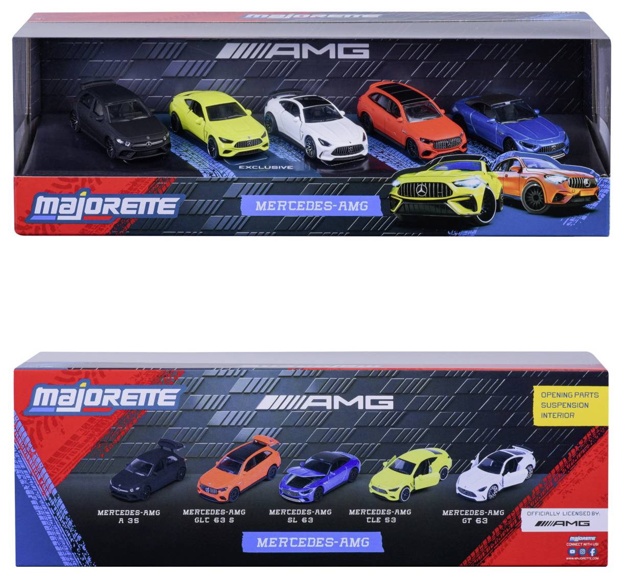 Pudełko z sześcioma modelami samochodów zabawkowych Majorette Mercedes-AMG w różnych kolorach i modelach, wyeksponowane w opakowaniu z logo marki i nazwami modeli.