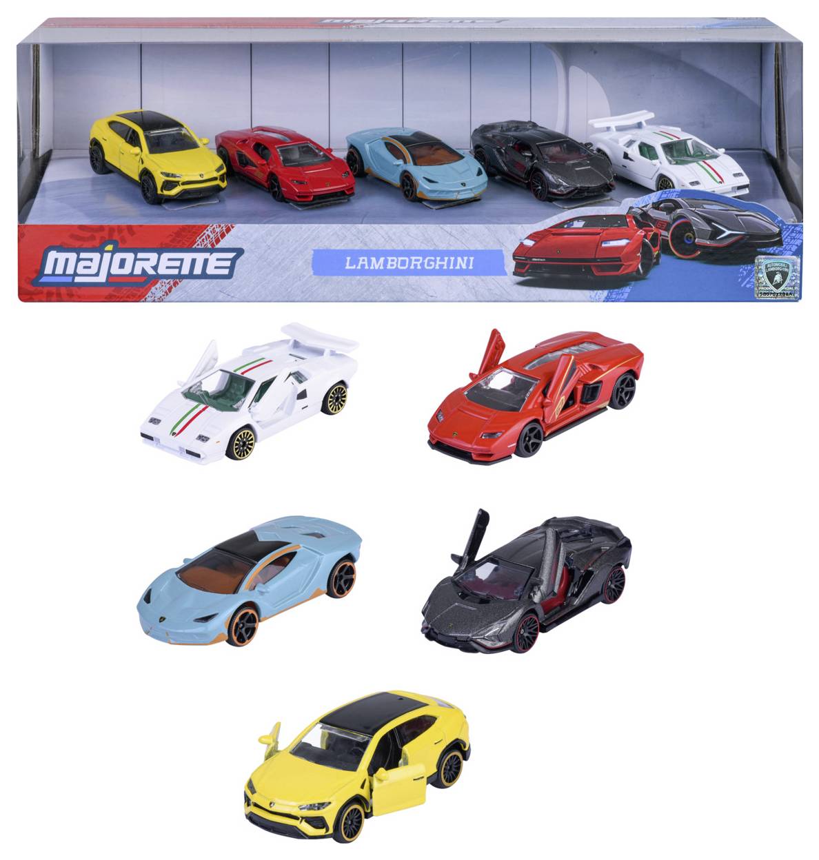 Kolekcja sześciu miniaturowych samochodów Lamborghini w różnych kolorach i modelach, wystawionych w pudełku oznaczonym napisem 'Majorette Lamborghini'.