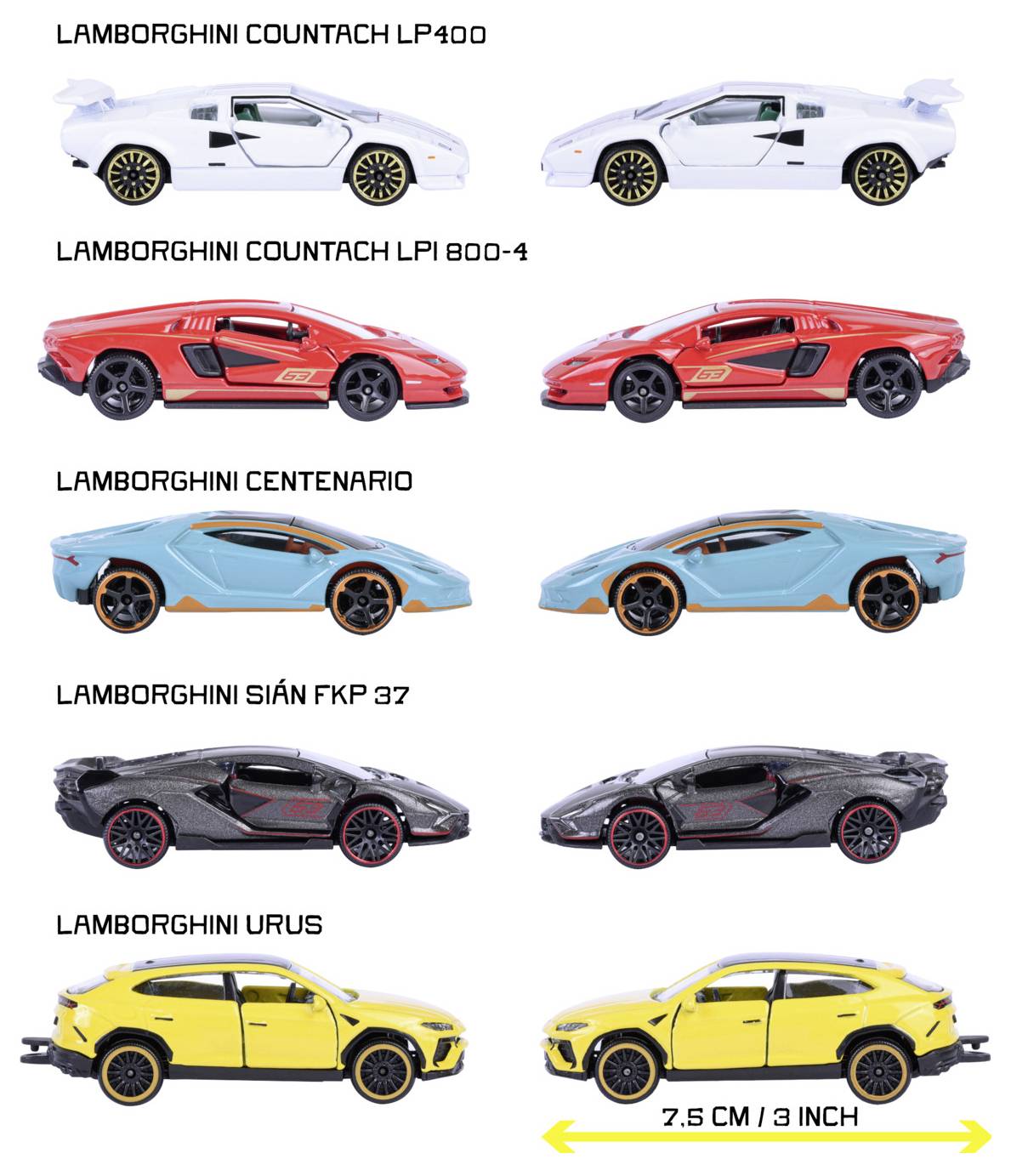 Pięć modeli Lamborghini w widoku bocznym: biały Countach LP400, czerwony Countach LPI 800-4, niebieski Centenario, szary Sián FKP 37 oraz żółty Urus z oznaczeniem rozmiaru '7,5 cm / 3 cale'.