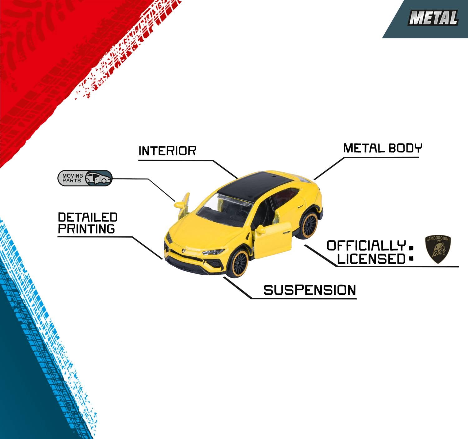 Żółty samochodzik zabawkowy z etykietami 'Wnętrze', 'Metalowa Karoseria', 'Szczegółowy Nadruk', 'Oficjalnie Licencjonowany', 'Zawieszenie', z otwartymi drzwiami.