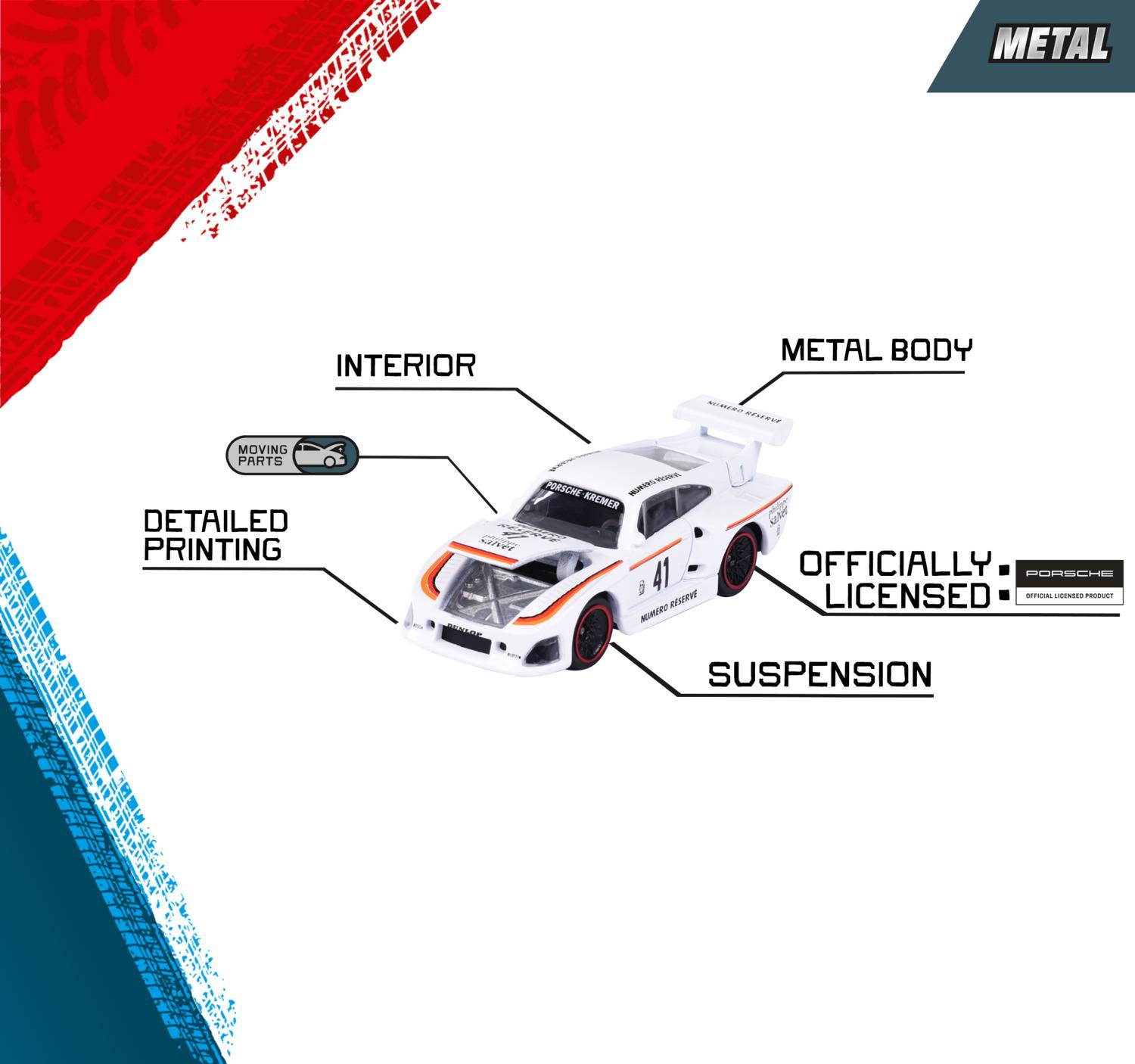 Białe zabawkowe auto wyścigowe z numerem '41' na boku, z oznaczonymi elementami: wnętrze, metalowa karoseria, szczegółowy nadruk, ruchome koła, zawieszenie, oficjalnie licencjonowane Porsche.