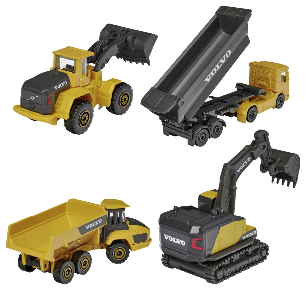 Cztery żółto-czarne zabawkowe pojazdy budowlane, w tym ładowarka kołowa, wywrotka, przegubowa wywrotka oraz koparka, wszystkie oznaczone marką 'VOLVO'.