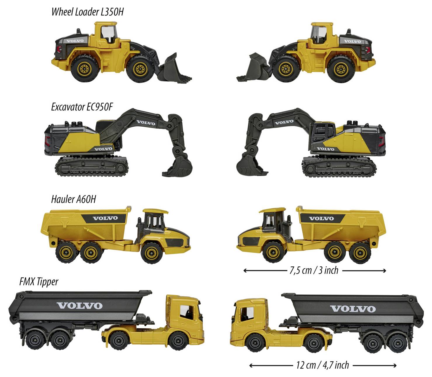 Zdjęcie przedstawiające cztery zabawkowe pojazdy budowlane: ładowarkę kołową, koparkę, wywrotkę i wywrotkę FMX. Wywrotka FMX mierzy 12 cm długości.