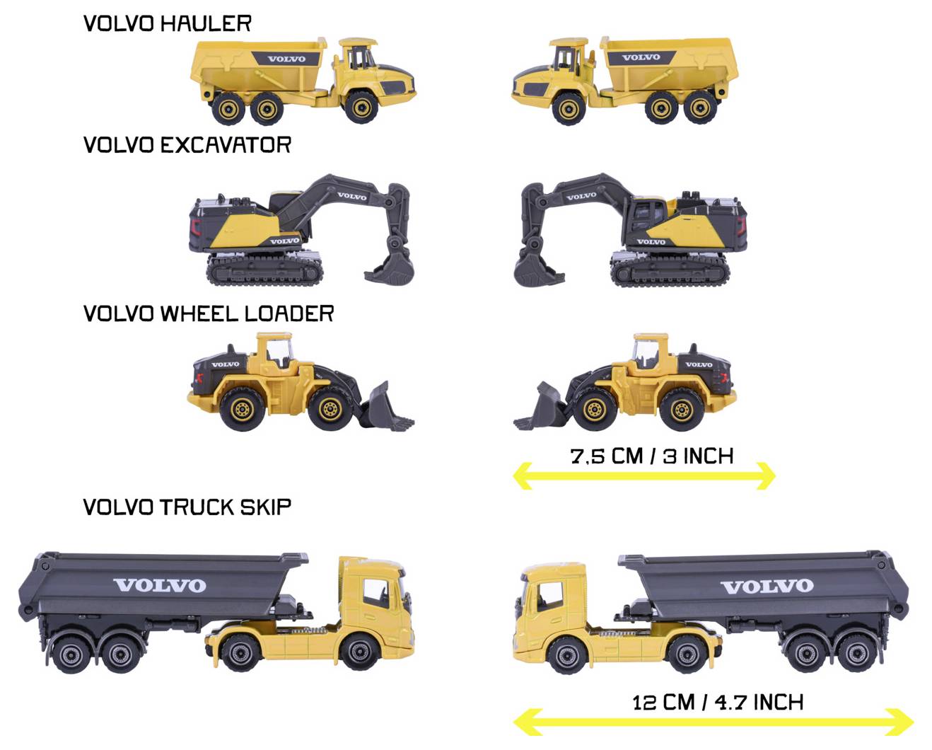 Modele zabawkowe pojazdów budowlanych Volvo: wywrotka, koparka, ładowarka kołowa i kontener budowlany. Wymiary: kontener budowlany ma 12 cm długości.