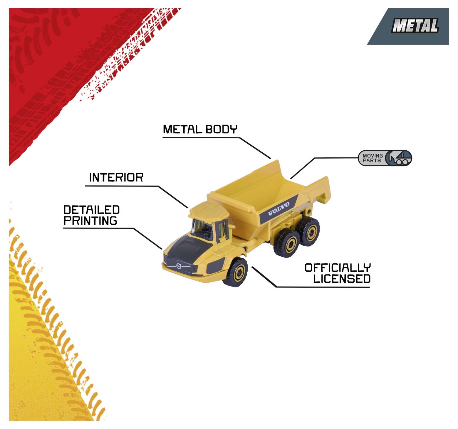 Zabawkowa ciężarówka z metalu z dokładnym nadrukiem i ruchomymi elementami, oznaczona jako "oficjalnie licencjonowana", wyposażona w metalową karoserię i wnętrze.