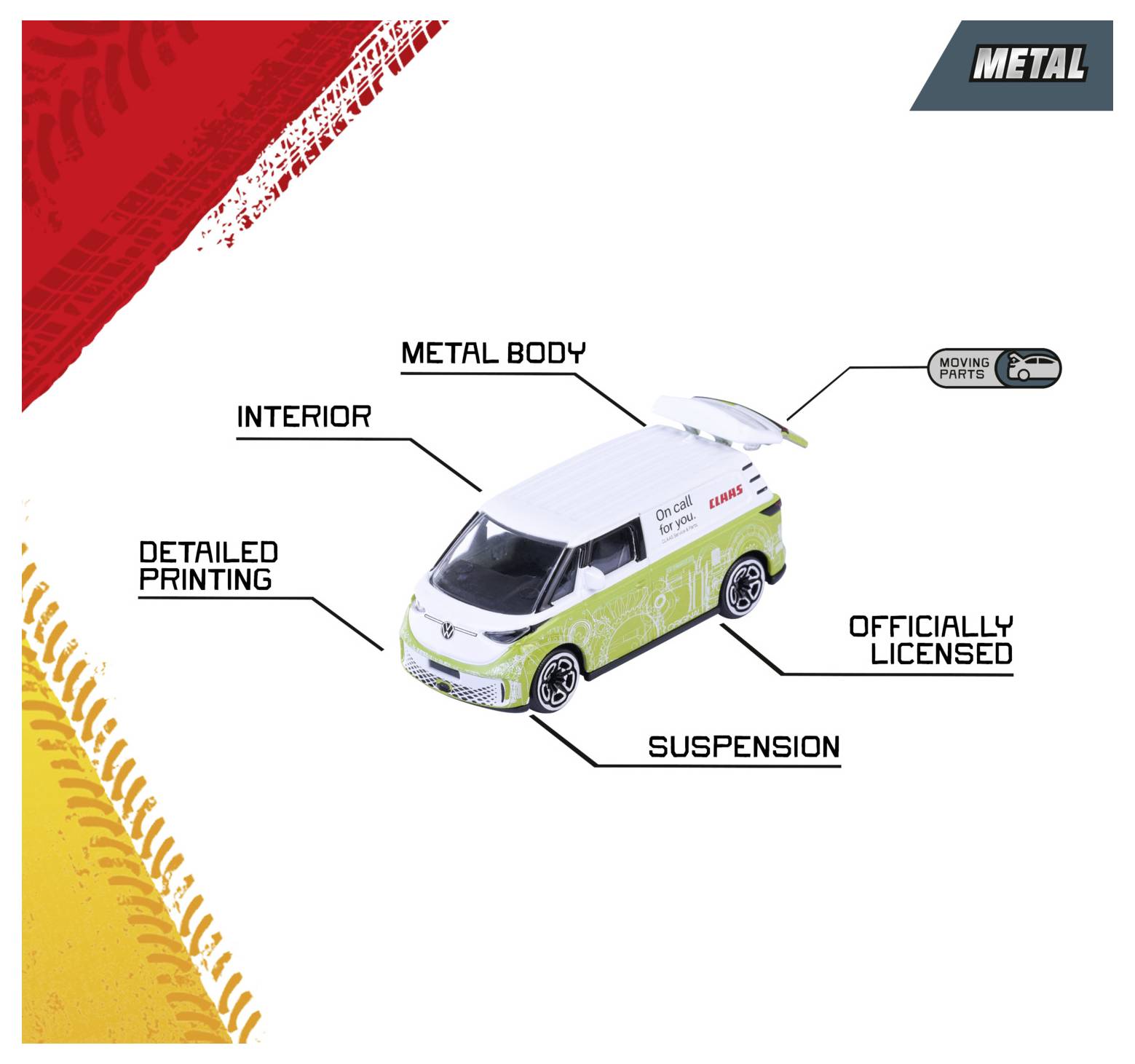 Miniaturowy model samochodu z wyróżnionymi cechami: 'metalowa karoseria', 'wnętrze', 'szczegółowy nadruk', 'oficjalna licencja' oraz 'zawieszenie'.