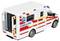 Zabawkowa karetka z napisem 'AMBULANZ' i niebieskim emblematem w kształcie gwiazdy, z czerwonymi i żółtymi paskami, z otwartymi tylnymi drzwiami.