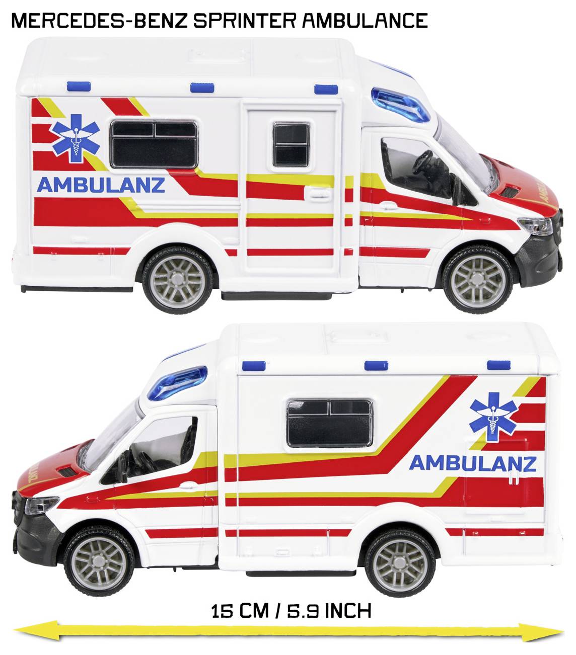 Widok z boku zabawkowej repliki ambulansu Mercedes-Benz Sprinter. Zabawka ma 15 cm (5,9 cala) długości, z napisem 'AMBULANZ' na boku.