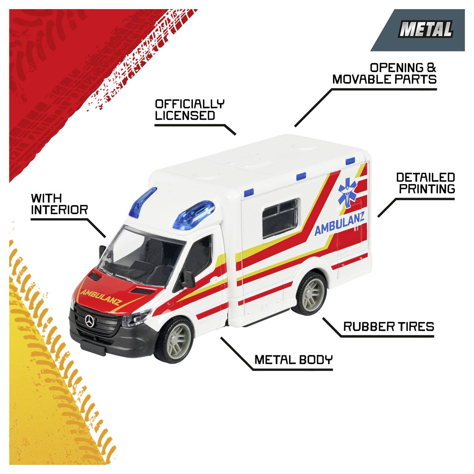 Zabawkowy model karetki pogotowia z napisem 'AMBULANZ', szczegółowym nadrukiem, otwieranymi elementami i gumowymi oponami. Posiada metalową karoserię i oficjalną licencję.