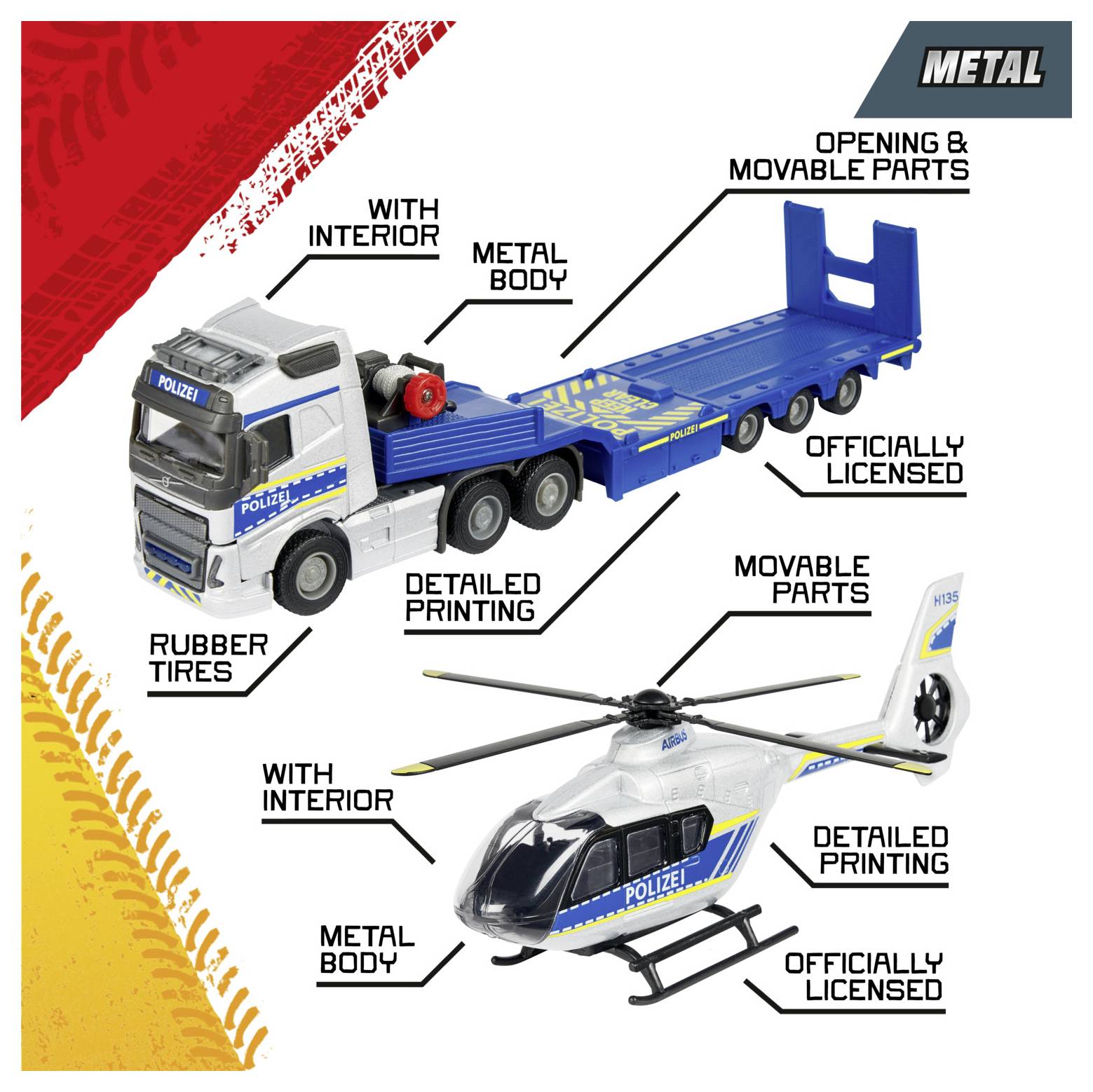 Zestaw zabawek 'Metal' z ciężarówką i helikopterem. Oba posiadają szczegółowe nadruki, metalową obudowę i ruchome elementy. Ciężarówka ma dokładnie wykończone wnętrze i gumowe opony. Helikopter jest oficjalnie licencjonowany.