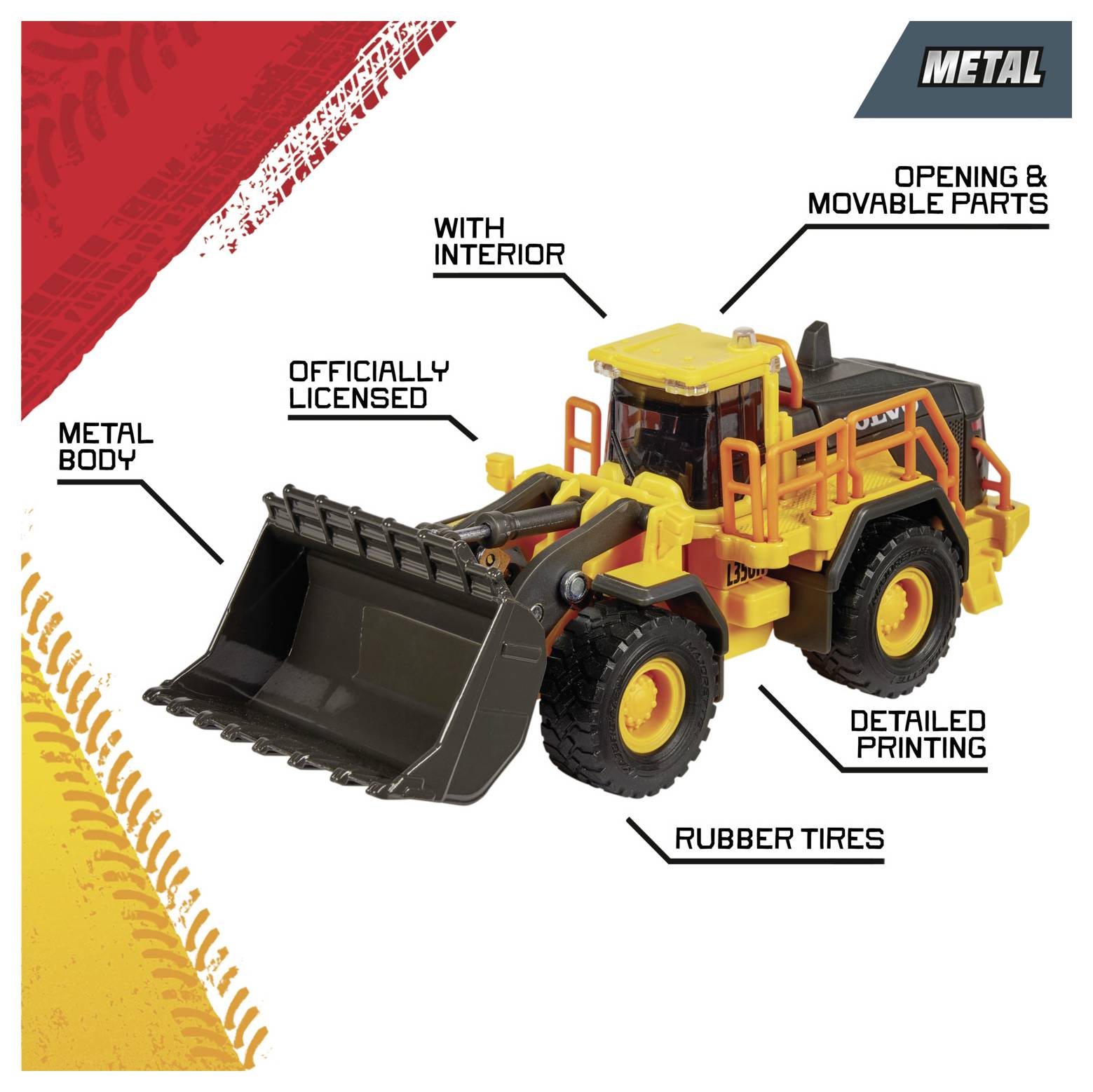 Model żółtej maszyny budowlanej z szczegółowymi elementami: otwieranymi częściami, wnętrzem, gumowymi oponami; oficjalnie licencjonowane metalowe nadwozie.