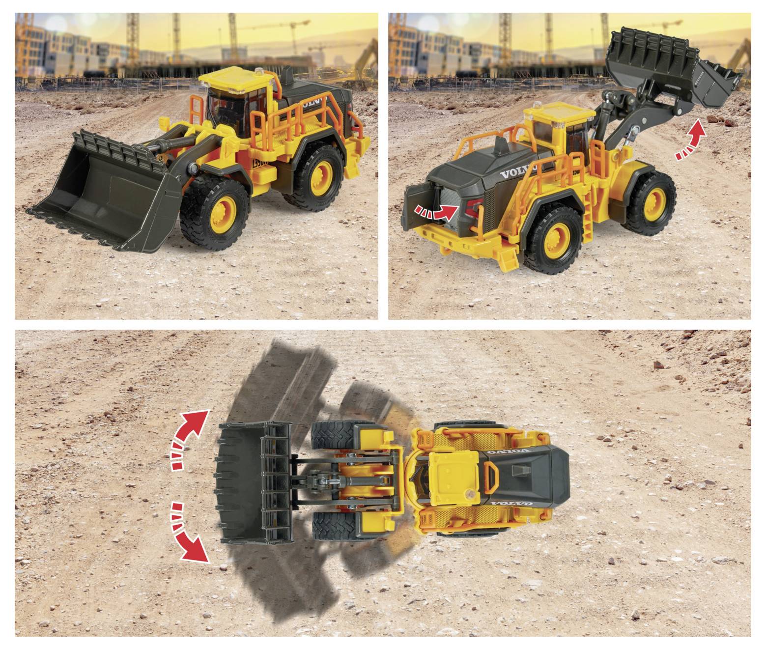 Żółte pojazdy budowlane są pokazane w różnych pozycjach na terenie budowy, prezentujące swoje funkcjonalne ruchy, takie jak podnoszenie i przechylanie.