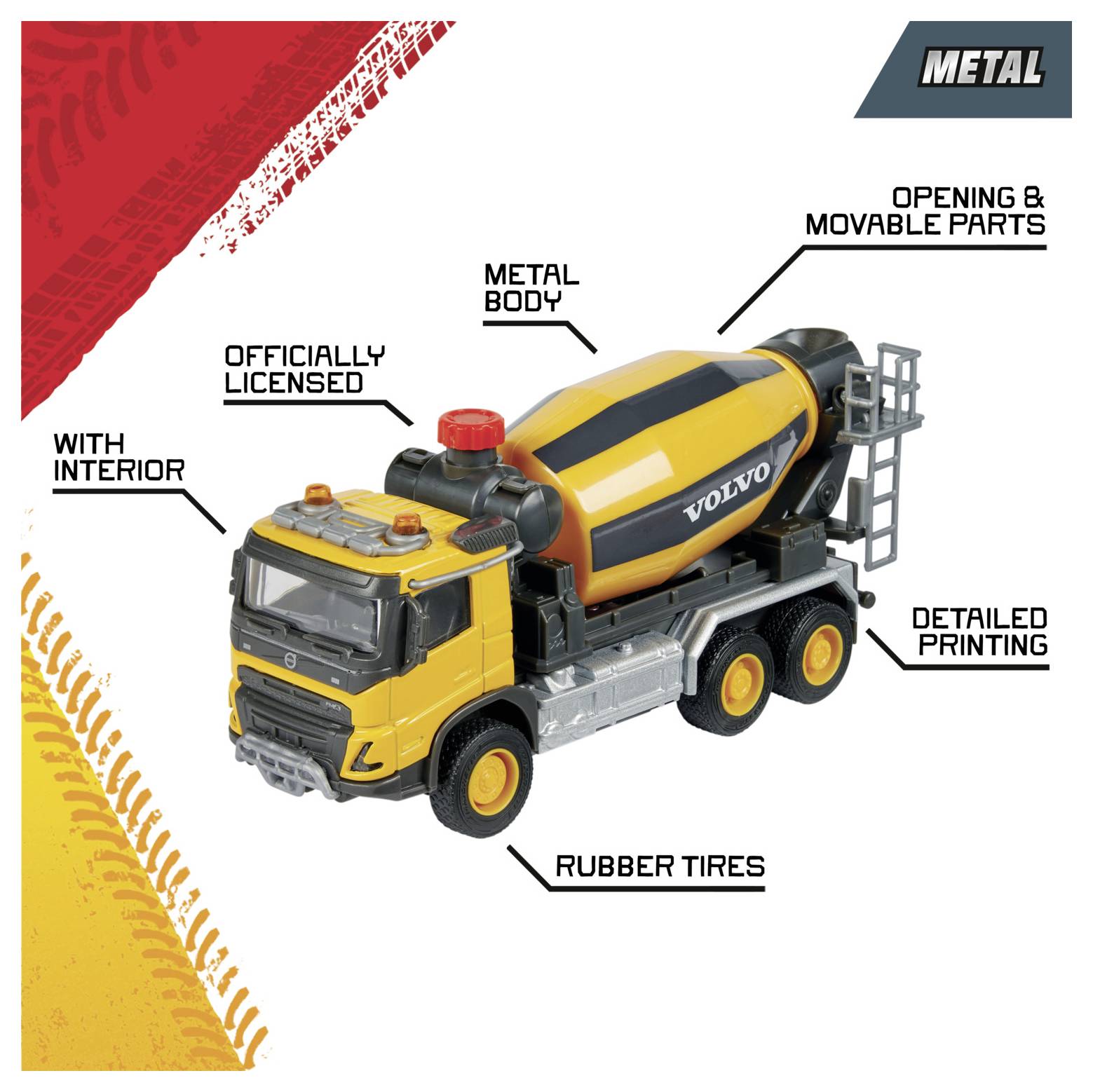 Zabawkowa betonomieszarka Volvo z metalowym korpusem, ruchomymi elementami, gumowymi oponami i szczegółowym nadrukiem. Opisane cechy obejmują oficjalną licencję marki.