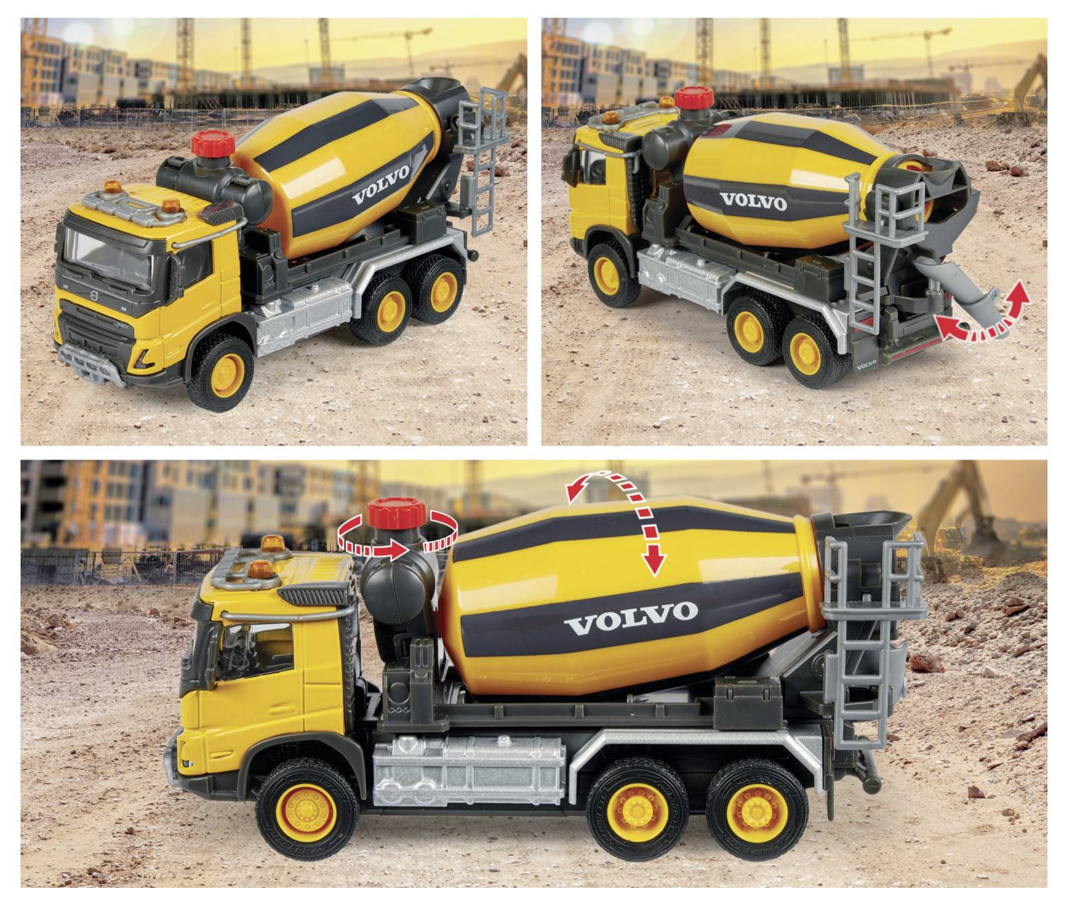 Żółto-czarny zabawkowy samochód ciężarowy - betoniarka marki Volvo, prezentowany na tle placu budowy pod różnymi kątami.