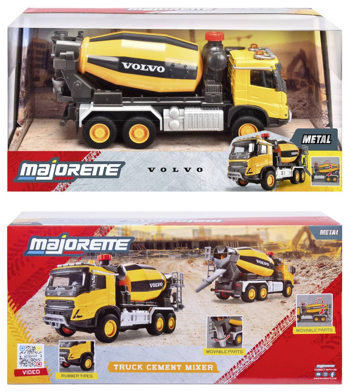Zabawkowa betonomieszarka marki Majorette w opakowaniu. Posiada ruchome elementy i oznaczenie marki Volvo. Odpowiednia dla dzieci w wieku wskazanym na opakowaniu.