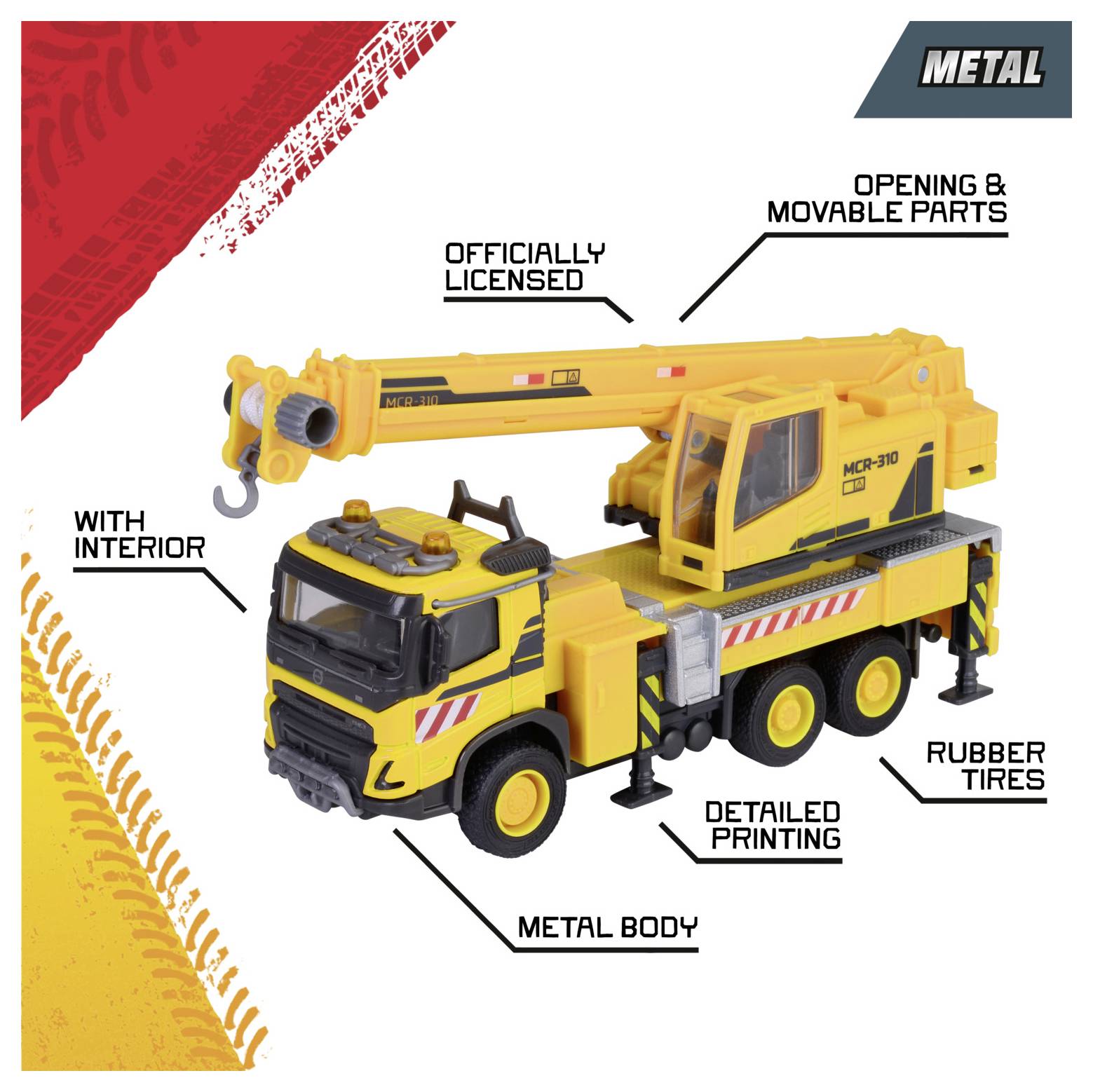 Żółta zabawkowa dźwigowa ciężarówka z 'metalową bryłą', 'szczegółowym nadrukiem', 'gumowymi oponami', 'z wnętrzem' oraz 'otwieranymi i ruchomymi elementami'; 'oficjalnie licencjonowana'.