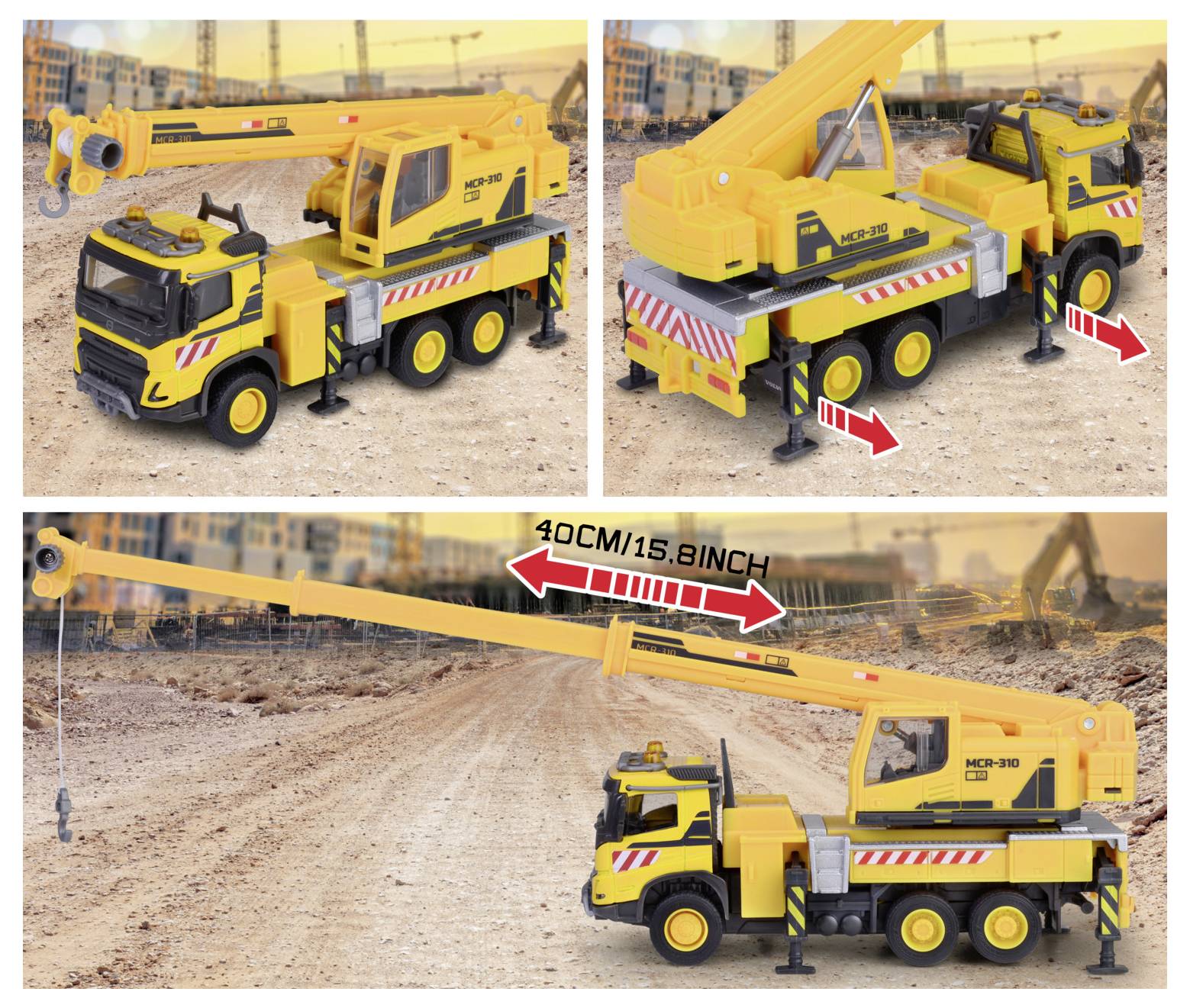 Żółta miniaturowa ciężarówka dźwigowa z wysuwanym ramieniem i obrotową kabiną na tle placu budowy. Strzałki wskazują na wydłużenie ramienia do 40 cm/15,8 cala.