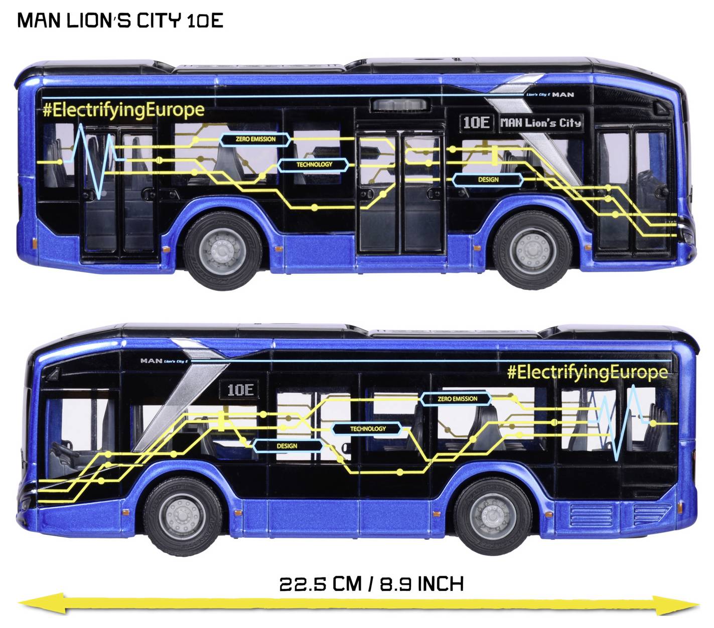 Autobus elektryczny, oznaczony jako 'MAN Lion's City 10E', posiada grafikę '#ElectrifyingEurope', podkreślającą zeroemisyjność i design technologiczny. Przedstawiony model ma 22,5 cm/8,9 cala długości.