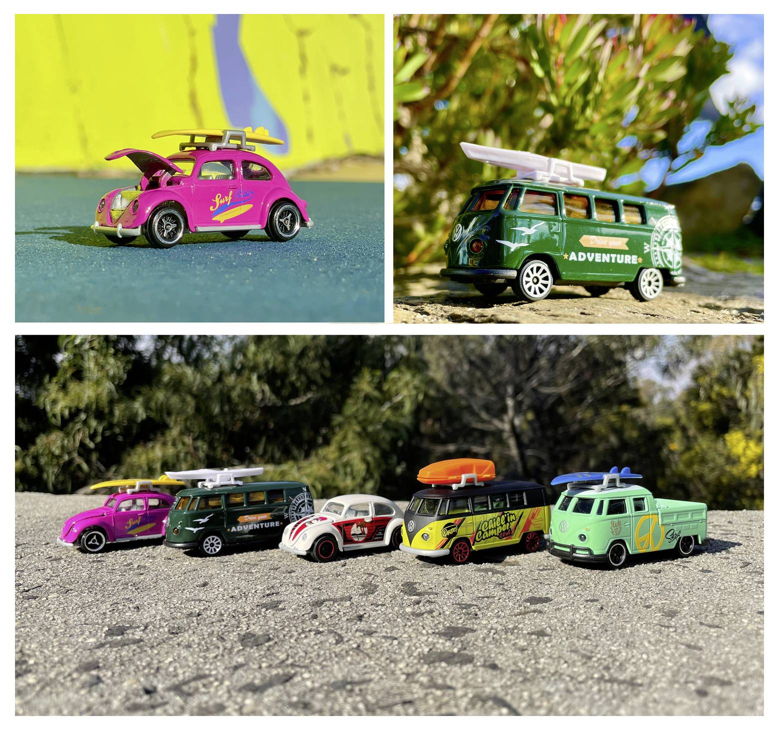 Zabawkowe samochodziki z deskami surfingowymi na dachach, w tym różowy samochód z napisem 'chill' i zielony van z napisem 'adventure', wystawione na wolnym powietrzu.