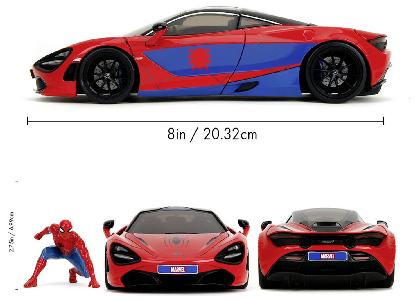 Czerwony i niebieski samochodzik zabawkowy z logo pajęczyny, stylizowany na motyw superbohaterski. Zawiera małą figurkę akcji. Rozmiar samochodu: '8 cali / 20,32 cm'. Wysokość figurki: '27,5 cm / 10,80 cala'.