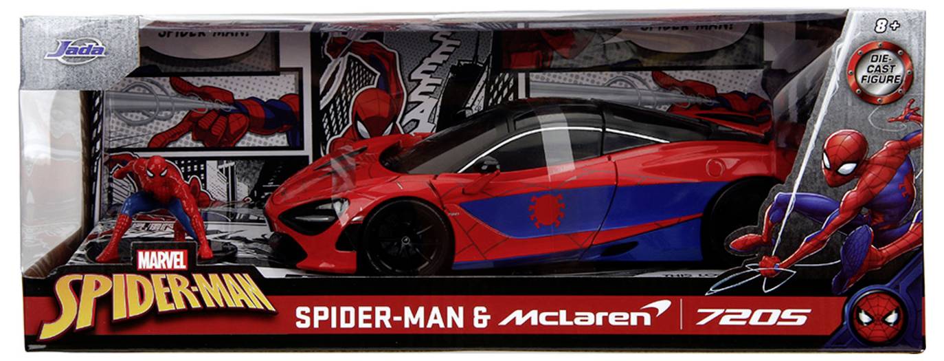 Zabawkowy model samochodu z motywem "Spider-Mana", w kolorach czerwonym i niebieskim z logo pająka, prezentowany w opakowaniu z grafiką Spider-Mana.