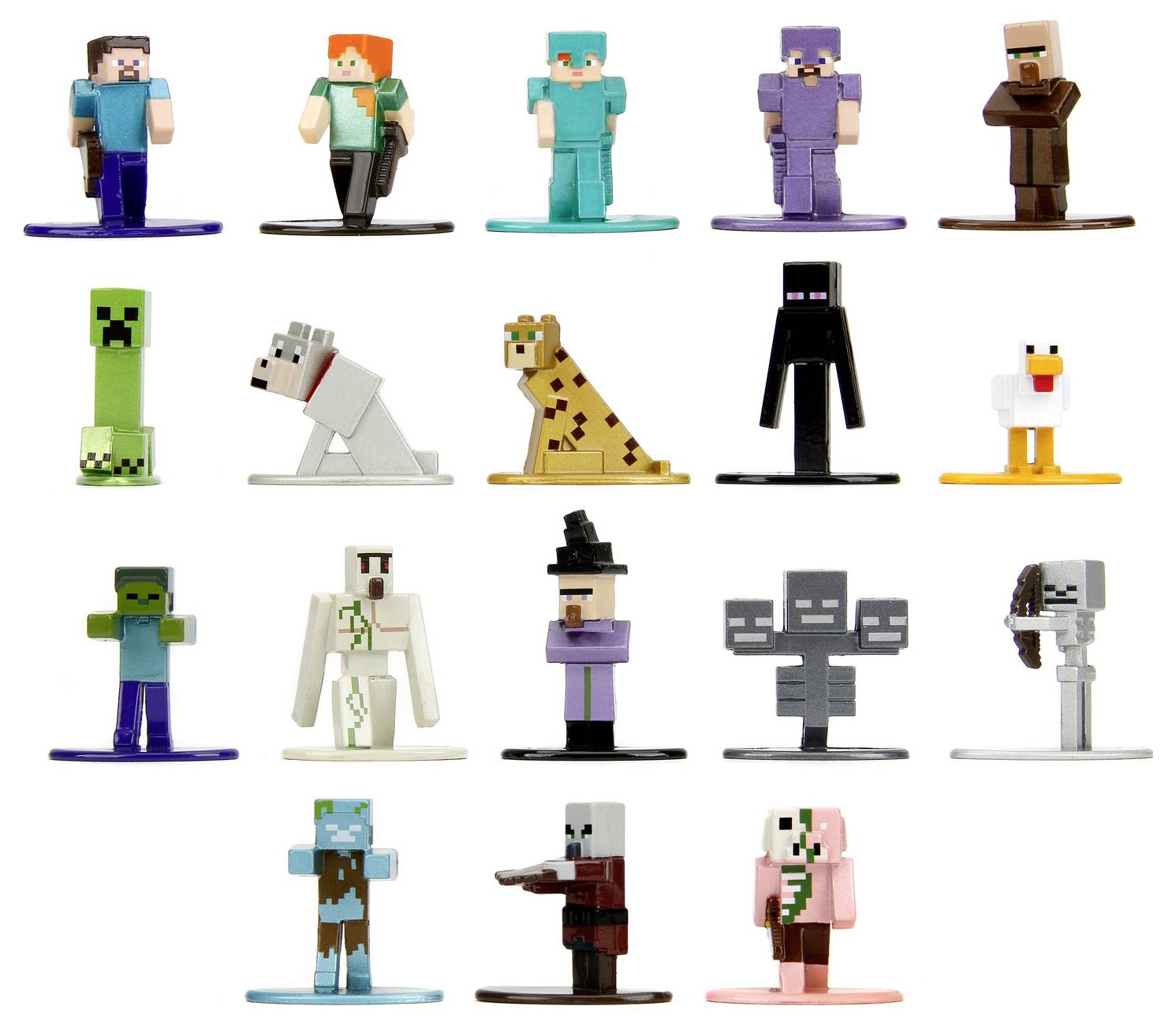 Zdjęcie 18 postaci z Minecrafta ułożonych w trzech rzędach, przedstawiających różne postacie takie jak Steve, Alex, mieszkaniec wioski, creeper i zombie. Każda postać stoi na okrągłej podstawce.