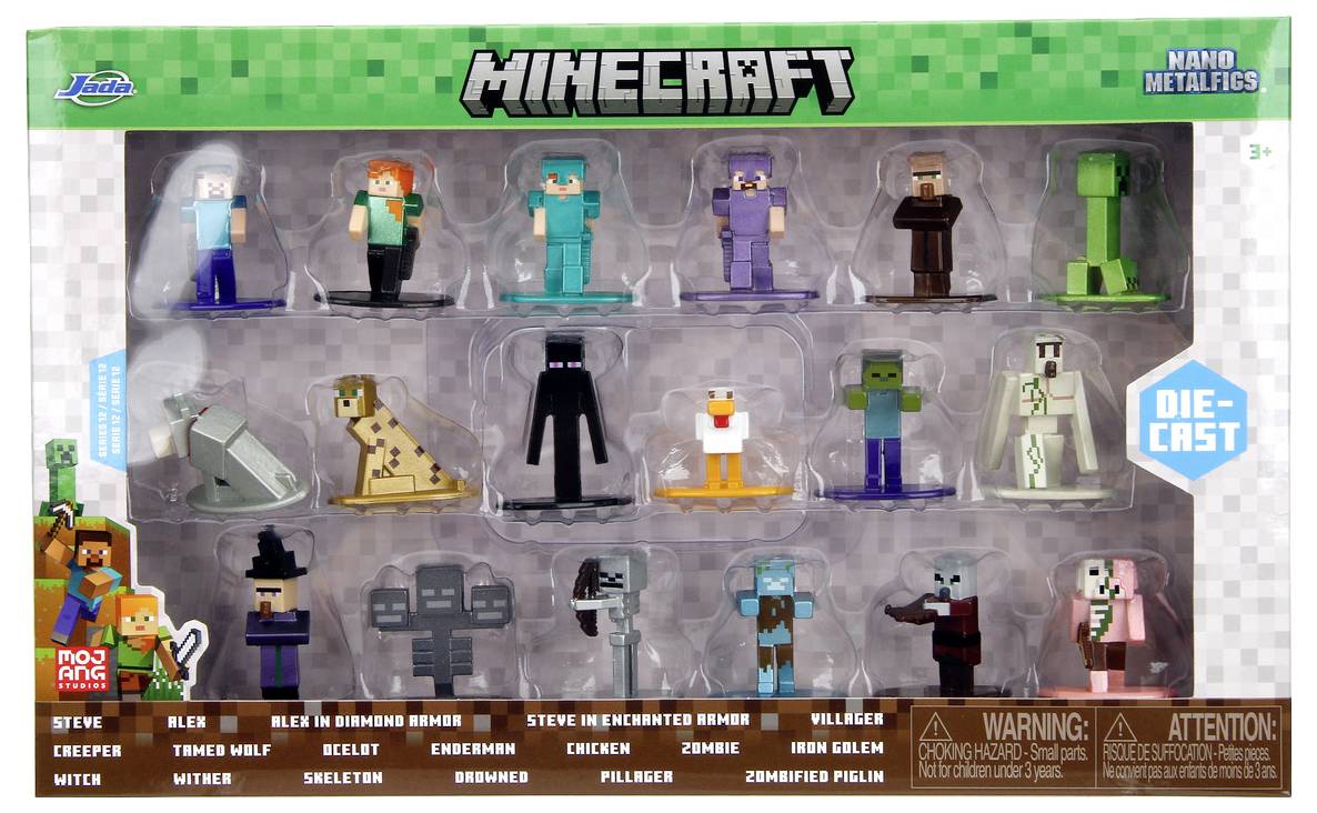 Kolekcja metalowych figurek nano z gry 'Minecraft' przedstawiająca różne postacie i stworzenia, w tym Steve'a, Alex i Creepera, w pudełku wystawowym.