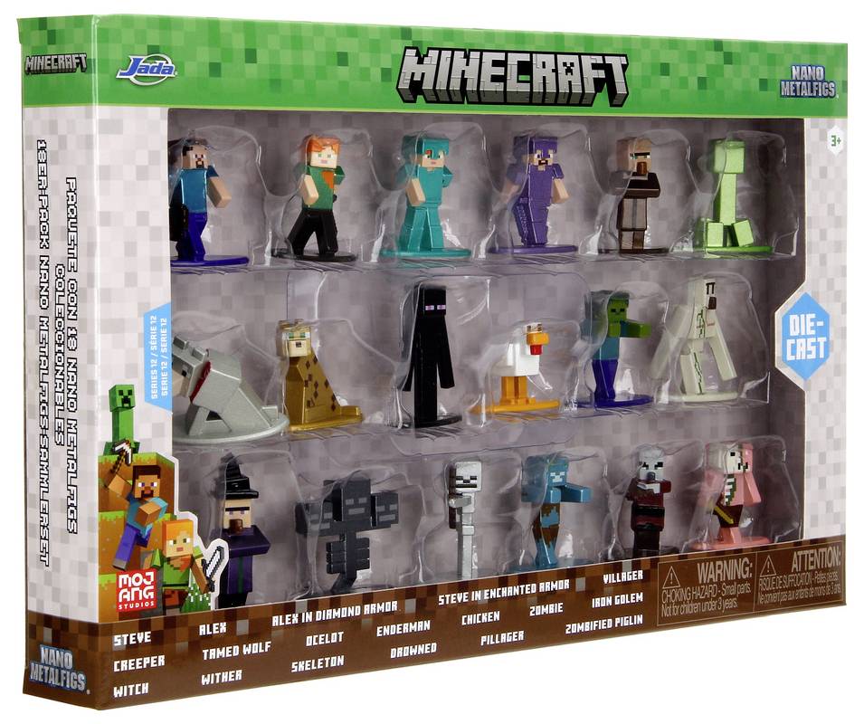 Kolekcjonerski zestaw figurek z gry 'Minecraft' zawierający 16 postaci i stworzeń, w tym Alex, Steve, Creeper i Enderman, zapakowany w pudełko wystawowe.